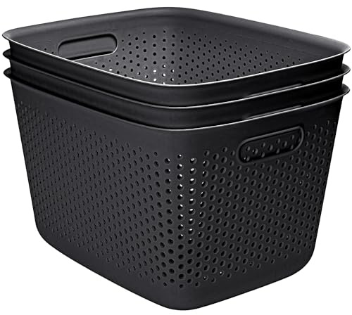 KONZEPT 3er Set Aufbewahrungsbox 17l, Aufbewahrungskorb aus Kunststoff mit Griff, perforierte, schwarz Boxen zur Aufbewahrung
