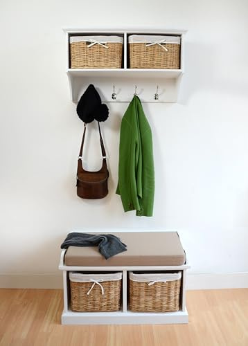 Tetbury Bench and Hanging Shelf | Hallway Furniture Set with Storage Baskets | Hallway Storage Unit | Assembled (White - Biscuit Cushion, Small)