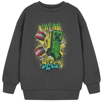 Minecraft Creeper Streetwear-Langarmshirt für Jungen | Graues Cartoon-Grafik-T-Shirt | Lustiges, Explosives Thema für Freizeitkleidung | Pull-On-Shirt mit Rundhalsausschnitt Bekleidung