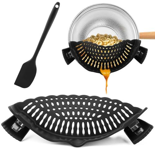 Colador de clip con raspador, colador de silicona para ollas y sartenes, colador de pasta ajustable para carne, verduras, frutas, ajuste universal para todos los utensilios (color: negro)