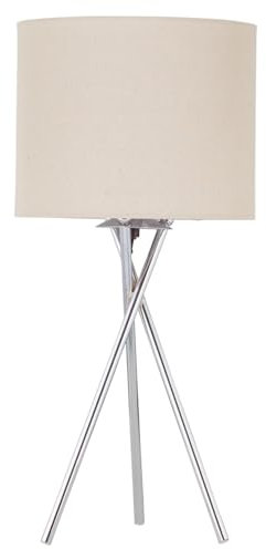 firstchoicelighting Tripod Table Lamp or Bedside Light, Chrome with Natural Linen Shade, LED Compatible, Height 52cm, Inline Switch