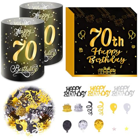 VEGCOO 12 Stück Windlichter Geburtstags Deko, 70. Geburtstag Tischdeko, 20 Blatt Servietten 7.0 Geburtstag,15g Farbiges Konfetti Für 70 Frauen Deko