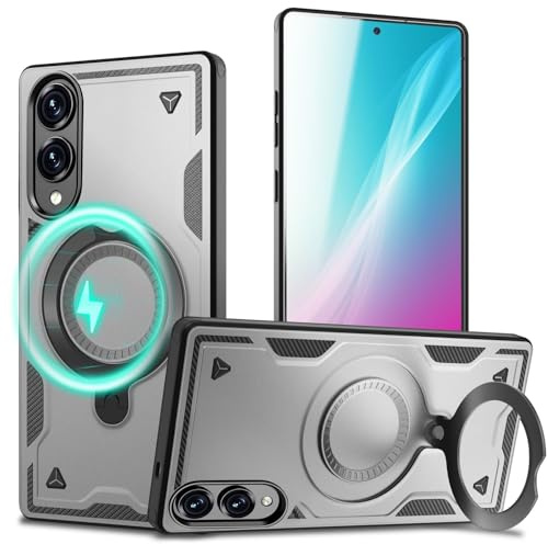 NALIA Magnetische Panzerhülle für Samsung Galaxy S25 Edge - Hülle | Sturmsilber, Flach eingelassener Metallring, Wackelfrei auf dem Tisch, Harte Außenschale mit weichem Inlay