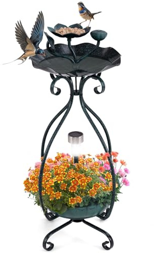 COSTWAY Vogeltränke mit Solarleuchte, Vogelbad Futterspender Blumentopf, mit dekorativen Lotus & Blättern, Metall, Vogelfutterstation Deko, für Wildvögel Garten Hof, 79 cm hoch (Grün)