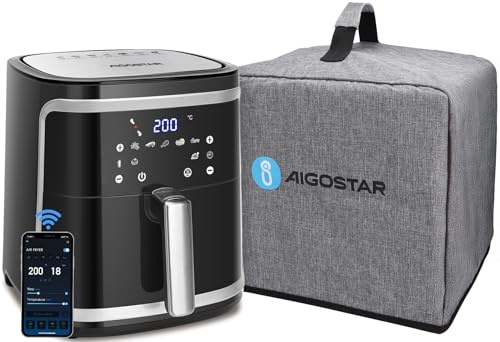 Aigostar Freidora de aire inteligente sin aceite, con Cubierta Antipolvo, Conexión Wifi, 1900W, 7L, Modo manual, Pantalla LED táctil, 7 funciones preestablecidas + mantener caliente y modo manual