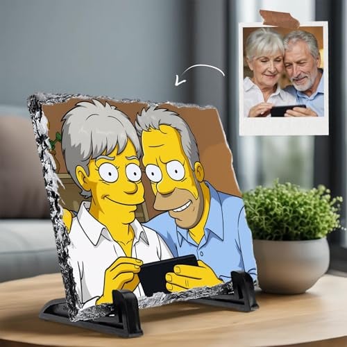 FELIZ TECNO Marco piedra de Fotos.Recuerdo Original. Regalo Personalizado con Foto-El estilo de Los Simpson (generado por IA).Cuatro Formas. (Simpsons, 14.2 x 14.5 cm (±1 cm) Corazon)
