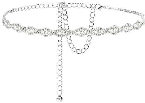 VLYX Funkelnder Strass & Kristallkettengürtel für Damen, verstellbarer Taillengürtel in Silber, Hochzeits- und Abend-Accessoires