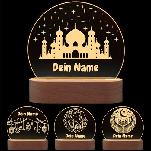 die-veredler Personalisierbares Ramadan Nachtlicht – Islamische LED Lampe aus Acryl & Holz, Moschee Motiv, stimmungsvolle Spirituelle Deko & Geschenk zu Eid (Ramadan)