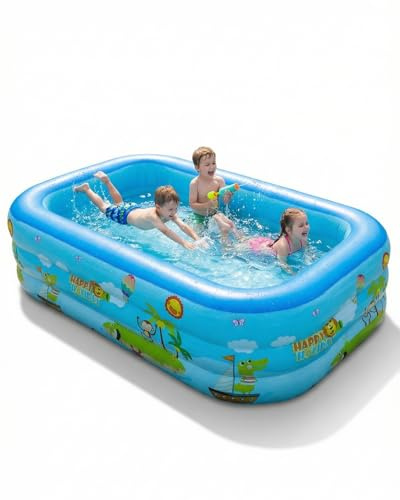 2.1M Inflatable Paddling Pool, 3 Layer Swimming Pool Rectangle with Cartoon Prints, PVC Thickened, Bubble Bottom, Self-Adhesive Repair Patch, Easy Setup & Storage, for Kids, Family, Indoor & Outdoor
