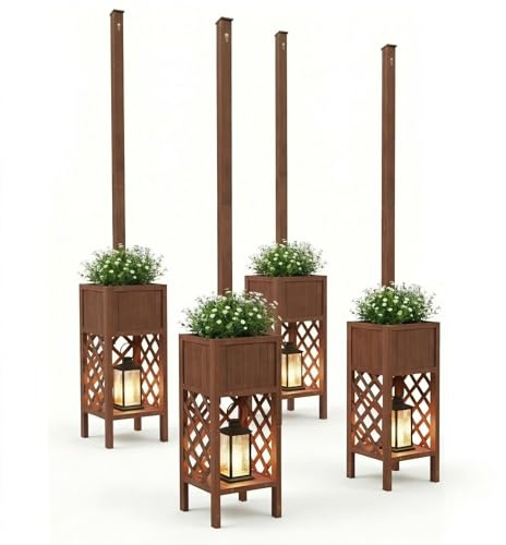 TinFrey 2er Set Lichterkettenstangen für Außen mit Pflanzkübel, 264cm Hoch, Wetterfestes Holz & Windbeständig, 3-in-1 Lichterpfosten Ständer für Lichterketten, Garten, Terrasse & Hochzeit (Ohne Deko)