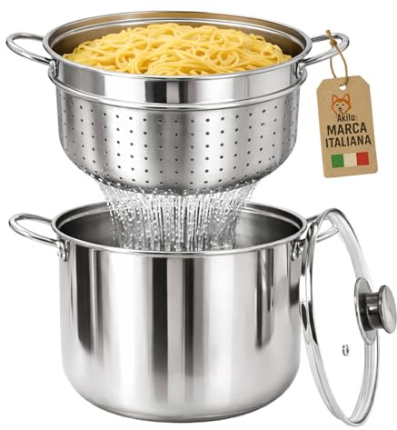 AKITAInk Bollipasta 22 cm in Acciaio Inox con Cestello e Coperchio in Vetro Temperato, Pentola per Pasta con Fondo Termodiffusore e Scolapasta Integrato