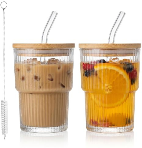 Tel Charme * 2 Pack 400ml Glass Tumbler with Wooden Lid & Straw | Ribbed iced coffee cup with wooden lid & glass straw. For matcha, juice, smoothies & cold drinks. Straw brush included.