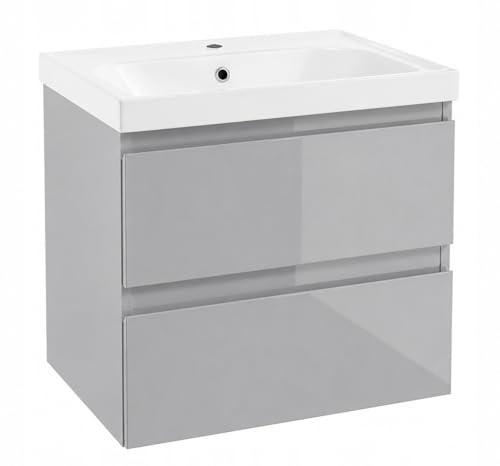 .Deftrans – Waschtisch mit Unterschrank 60 cm grau Hochglanz – Badezimmer Waschtisch hängend modern – Waschbecken mit Unterschrank Keramik – Badmöbel Set kompakt
