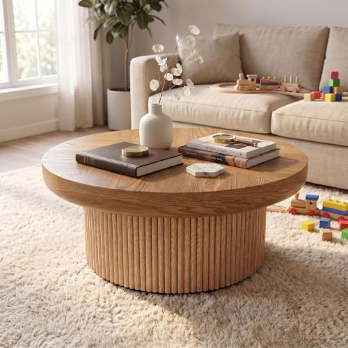 FammyLoft Couchtisch mit Parquet Pattern Top, Modern Round CoffeeTable,78cm