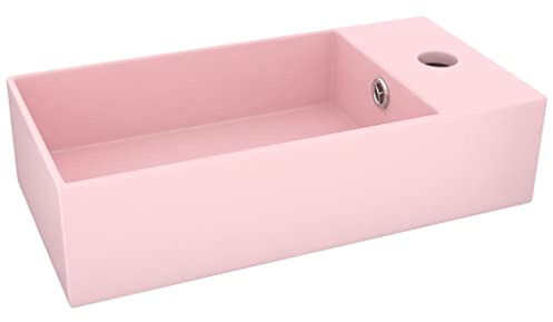 mtlskopl Lavabo da appoggio in ceramica rosa opaco, 48 x 25 x 15 cm, con troppopieno e foro per rubinetto, per bagno, WC degli ospiti e lavanderia