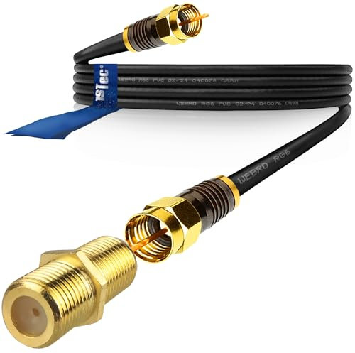 1STec 3m Long Black Gold Plated Male to Male Super Fast Virgin Media Webro RG6 Extension Cable with Female Joining Coupler for V6 TIVO Set Top Box or VIVID Fibre Super Hub Broadband Modems 3 Metre