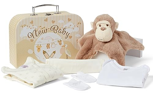 Baby Box Shop Geschenkset zur Geburt, Motiv: Les Incontourables du Newborn, inkl. Kuscheltuch, Strampler, Lätzchen aus Baumwolle und Fäustlingen