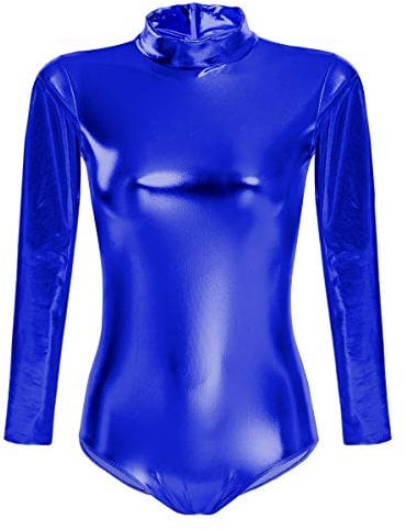 FYMNSI - Body da danza da donna, lucido, body da balletto, sportivo, da ginnastica, con maniche lunghe, metallizzato, effetto bagnato, tuta da ginnastica, blu reale, M