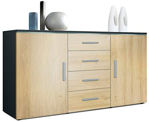 Vladon Sideboard Kommode Faro, Made in Germany, Korpus in Schwarz matt/Front in Eiche Natur (139 x 72 x 35)