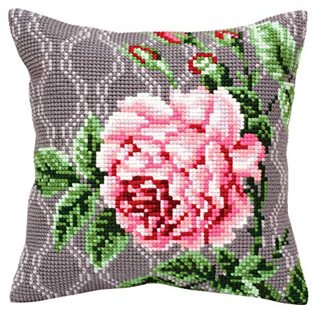 Collection d'Art 5342 Zarte Rose Stickkissen Kreuzstich-Set, Baumwolle, Mehrfarbig, 40x40cm