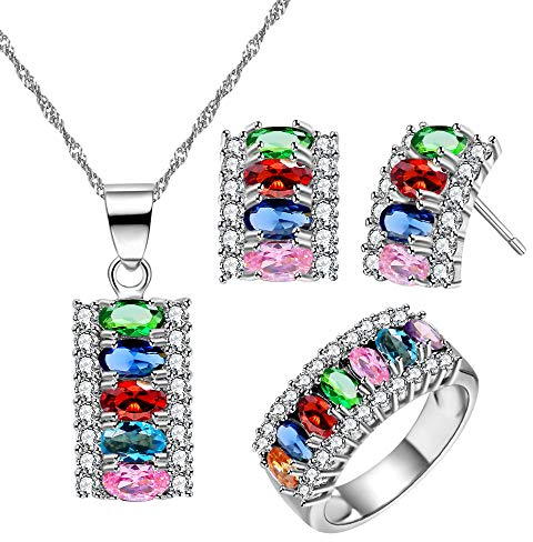 Juego de collar, pendientes y anillo de Uloveido T502 para fiesta con diseño de media luna, joyas bañadas en plata con 7 piedras, circonitas cúbicas, corte ovalado (T502) Multicolor