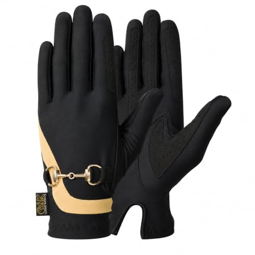 AK Horse Riding Gloves for Women, Ladies Equestrian Gloves with Bit Chain, Non-Slip Grip, Breathable Lightweight Running Gloves for Outdoor Horseback Riding AKRS-6119, Black/Gold, L