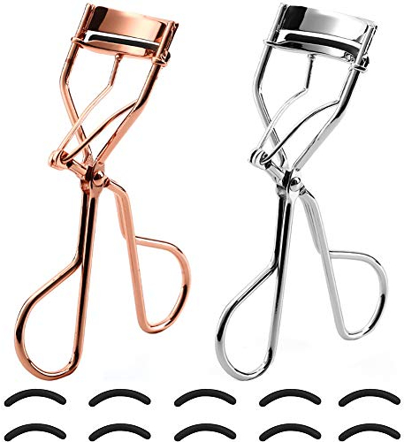 Wimpernzange, BETOY 2 Stücke Kohlenstoffstahl Professioneller Wimpernzange Wimpernzange Set Kommt mit 10 Ersatzgummipads, 11 x 6.2 x 3.5cm(Roségold und Silber)