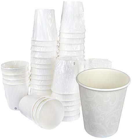 Lot de 100 verres en papier avec motif damassé couleur blanc 7 oz (200 ml) emballés individuellement à usage unique