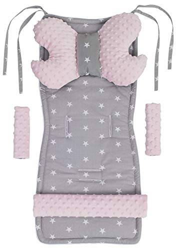 Medi Partners Sitzauflage Kinderwagen Buggy Baby Sommer Kindersitz Einlage Universal - 5tgl Gurtpolster + Spielbogen Kinderwagenset Babyschale (Sterne mit hellrosa Minky)