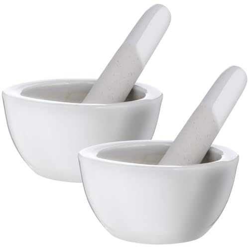 iplusmile 2 Juegos de Mortero Y Mortero de Cerámica Blanca Pequeño Tazón de Piedra Trituradora de Medicina de Porcelana Tazón de Molienda Palillo para Trituradora de Pastillas de Especias