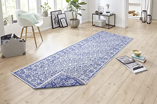NORTHRUGS In- und Outdoor Teppich Curacao 80x350cm - Wendeteppich Wetterfest Modernes Grafisches Muster für Balkon Terrasse Garten Wintergarten Küche Wohnzimmerteppich Wasserfest in Ocean