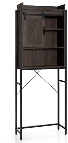 COSTWAY Over The Toilet Cabinet, Freestanding Washing Machine Rack with Sliding Barn Door and Adjustable Shelf, Bathroom Space Saver Laundry Tall Storage Cupboard Organiser Unit (Brown)