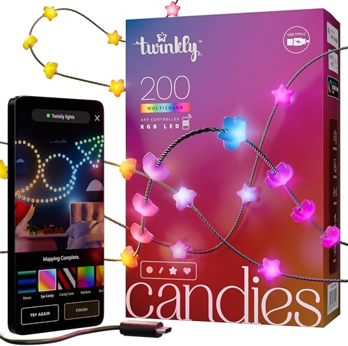 Twinkly Strings USB-C Star 200 LED, Sternförmige LED-Lichterkette, RGB LED-Lichter Mehrfarbig, Lichter zum Valentinstag, Kompatibel mit Alexa und Google Home, USB-C, Grünes Kabel, 12m