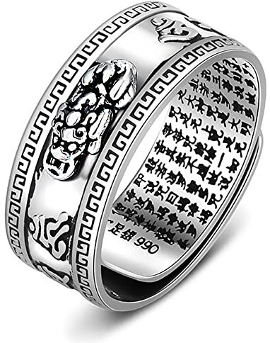 Feng Shui PiXiu Mantra Ring,Kucheed Silberne Buddhistische Glücks Fingerringe,MANI Amulett Mantra Schmuck,Doppelter Schutz Reichtum Liebe Gesundheit Band,Jahrgang Verstellbare Ringe Geschenk (J)