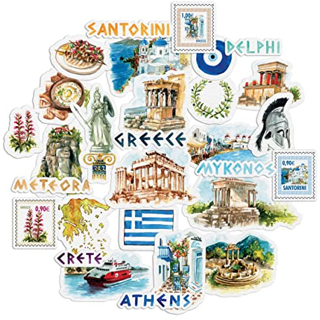 Navy Peony Idyllic Greece Travel Stickers (29 Pcs) - Watercolor, Waterproof, Country Vacation Decals for Journals, Scrapbooks, Water Bottles, Suitcase
