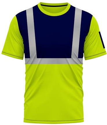 mymixtrendz Hi Viz Vis High Visibility T Shirts Dri Fit Short Sleeves Reflective Tape Safety Round Crew Neck Security Work Breathable Workwear Tops Yellow Navy