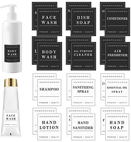 Etiketten zur Aufbewahrung, 24 Stück, wasserdicht, abnehmbare Aufbewahrungsetiketten für Lotion, Seife, Shampoo, Körperwaschflaschen usw. (schwarz und weiß)