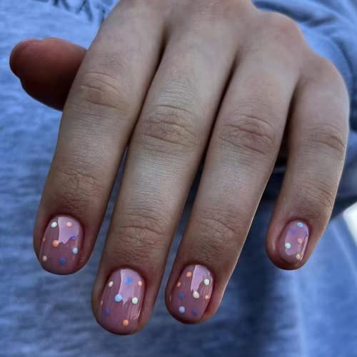 24 Pièces Carrés Faux Ongles Court, French Ongles à Presser Acrylique Ongles avec Onglet Adhésif, Glossy Artificiels Ongles à Coller pour Femmes et Filles Nail Art (Points Colorés)
