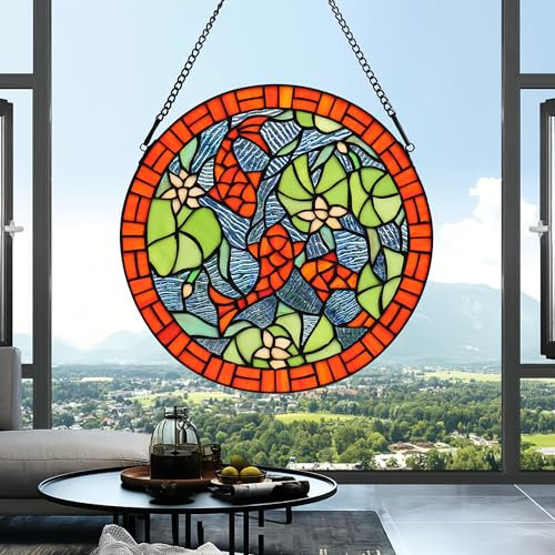 BWKOIUJES Buntglas-Fensterpaneele im Tiffany-Stil, rund, Lotusblatt, Karpfen-Fensterbehang, Sonnenblende, Wohnzimmer, Schlafzimmer, Küche, Wanddekoration, handgefertigt, Kunst-Sonnenfänger,
