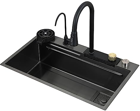 Fregadero de cocina, lavavajillas de acero inoxidable 304 negro en cascada , grifo de lluvia volador de salida de control de perilla, estación de trabajo de fregadero nano para el hogar