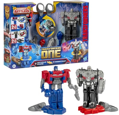 Transformers One Robot Battlers, Pack de 2 Figurines Optimus Prime et Megatron avec Bases de Combat, Accessoires de Bataille et Modes Convertibles, Jouets pour Enfants Dès 6 Ans