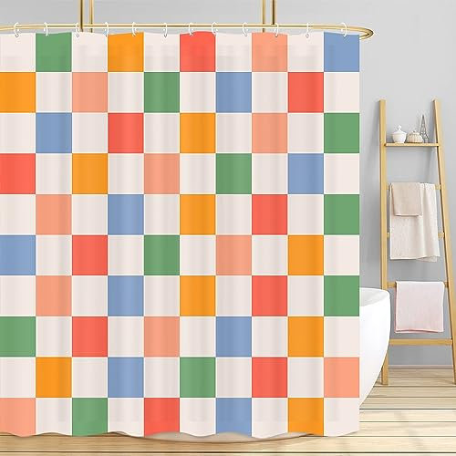 Rideau de douche rétro des années 70, motif damier, moderne, abstrait, groovy psychédélique, quadrillage trippy vert, rose, orange, tissu à carreaux pour salle de bain, esthétique, hippie funky,