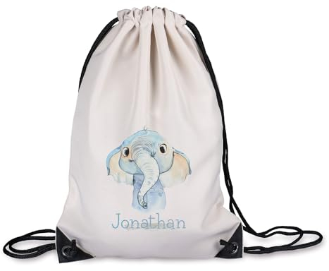 timalo® Kinder Turnbeutel personalisiert mit Namen | Sportbeutel bedruckt | süße Tiermotive | Kindergarten Stoffbeutel Geschenke Mädchen Jungen | 03- Elefant