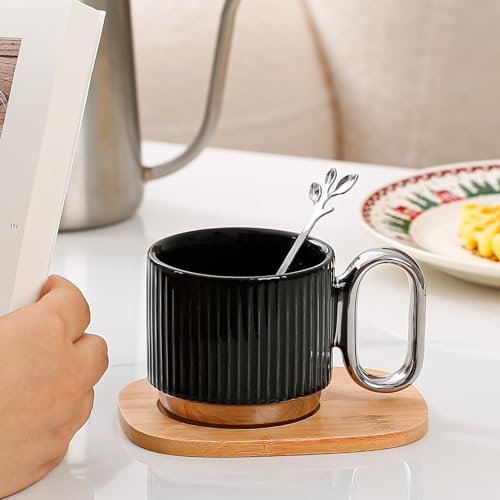 Hosoncovy Coffee Cup with Plate Ceramic Coffee Cup with Bamboo Coaster and Spoon Cup Pad Afternoon Tea Cup Set Drink Cup Set for Coffee Cocoa Tea Drinks (Black)