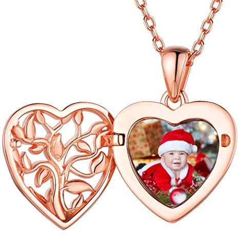 Custom4U 925 Silver Photo Locket Tree of Life Necklace with Picture Inside Memory Rose Gold Locket Necklace for Women