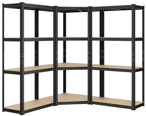 SONGMICS Corner Shelf 4-Tier, Garage Shelving, Heavy Duty Metal Shelving Units, for Garage, Storage Room, Warehouse, Loads 1500 kg, Ink Black and Natural Beige GLR056B03