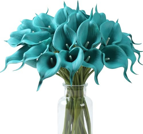 SITUMEIZI 24 PCS Teal Fake Flowers Artificial Calla Lily Silk Flowers Real Touch for Mother's Day Easter Home Kitchen Decor Wedding Bouquet Office Spring Decoration(Teal Blue)