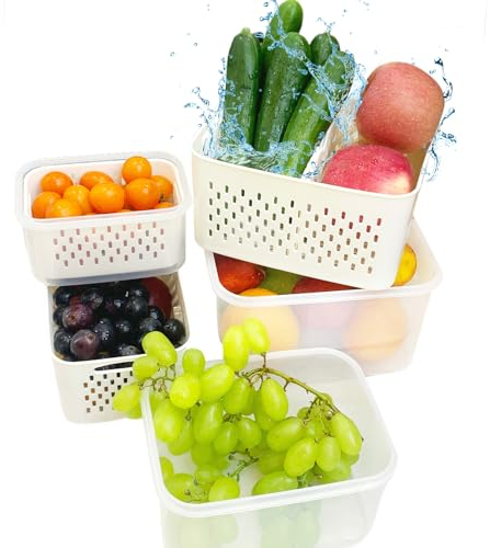 XYSaiXuan Kühlschrank Organizer, 3 Stück Frischhaltedosen mit Deckel BPA-frei, Kunststoff Meal Prep Boxen Obst Gemüse Aufbewahrung mit Ablaufkörben und Fächer Küchen Organizer