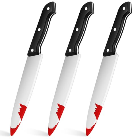 ZJoey Paquete de 3 cuchillos falsos retráctiles de juguete, cuchillo retráctil, accesorios de Halloween, cuchillas de plástico falsas para Halloween, fiesta de los inocentes (3 cuchillos sangrientos)