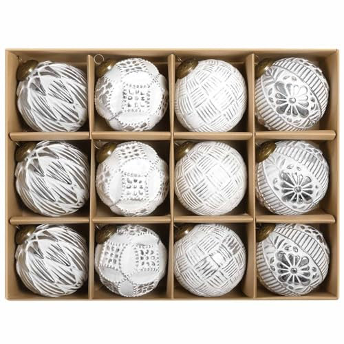 SVNVIOZ 12 Stück 8cm Weihnachtskugeln Weiß Silber, Christbaumkugeln Kunststoff Deko Weihnachten, Bruchsicher Weihnachtsbaumschmuck mit Aufhänger, Weihnachtsbaumkugeln für Weihnachtsdeko Innen Aussen